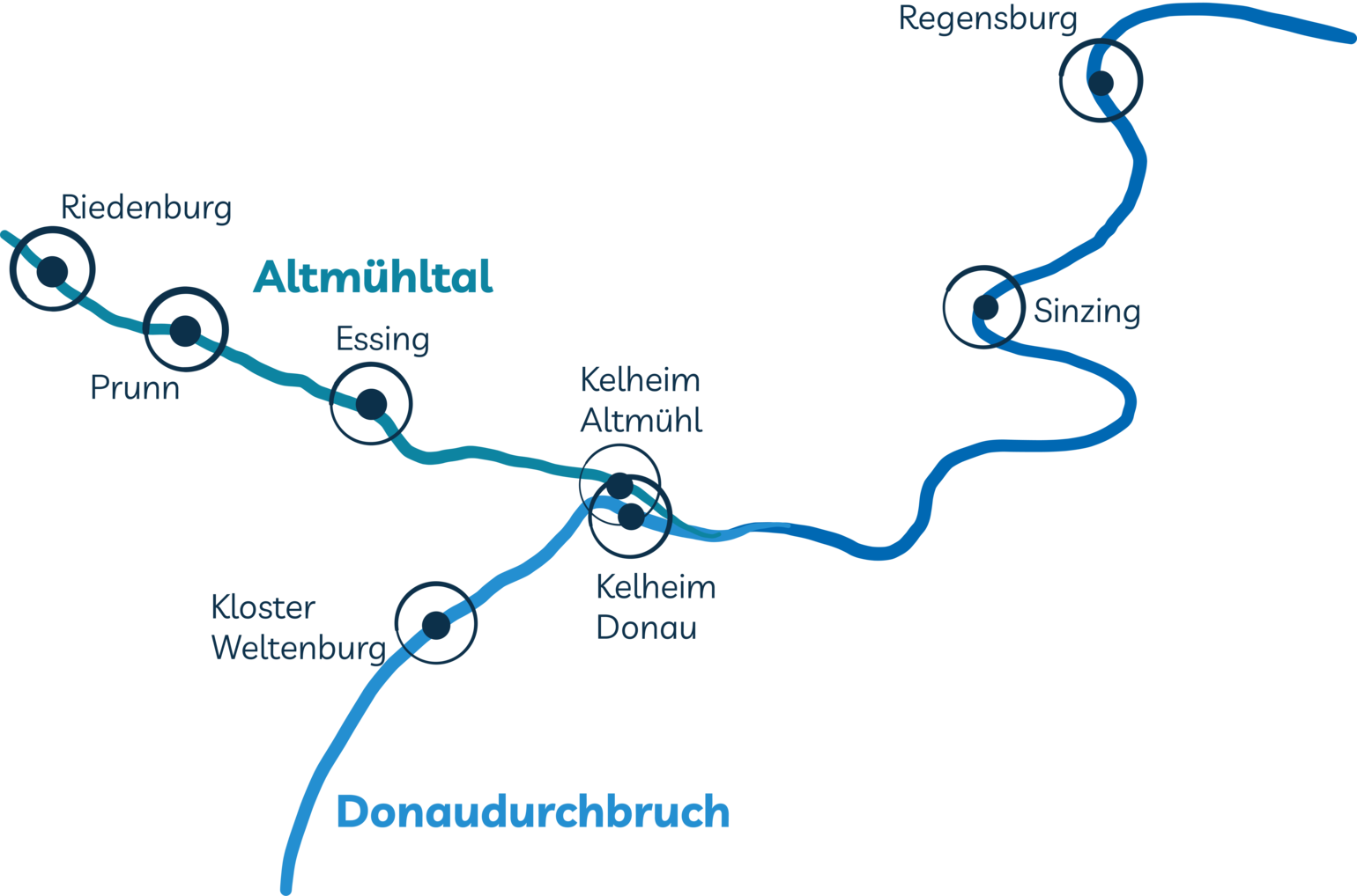 Landkarte des Fahrgebiets der Kelheimer Schifffahrt
